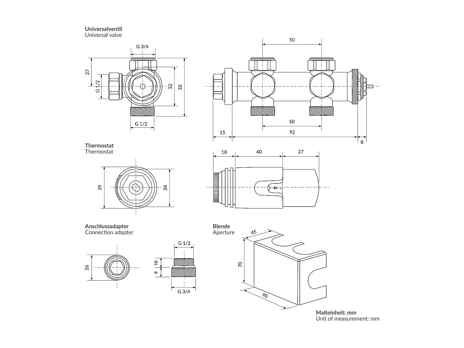 LuxeBath Juego griferia multiblock negro universal cabezal termostático para radiador baño conexión central, bloques grifos y válvula para calefactor