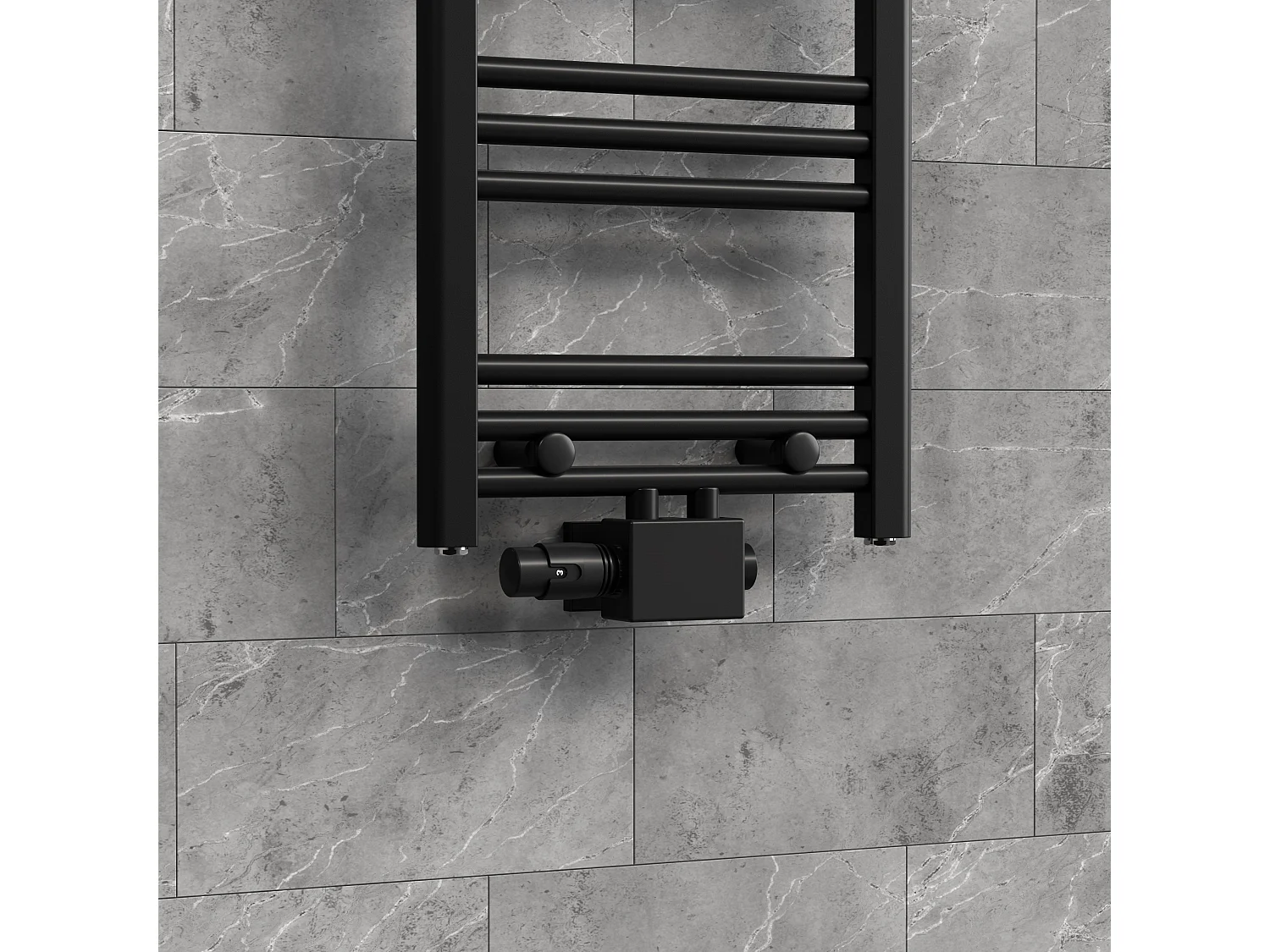 LuxeBath Juego griferia multiblock negro universal cabezal termostático para radiador baño conexión central, bloques grifos y válvula para calefactor