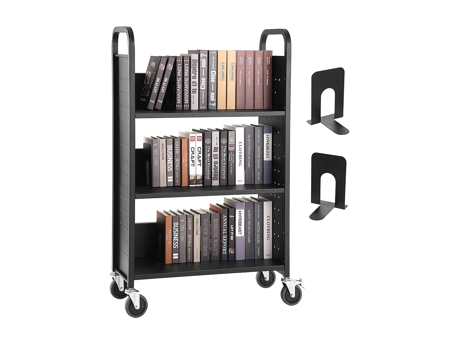 Chariot à Livres SucceBuy, Capacité de 150kg, Étagères en L à Un Seul Côté, Roues Verrouillables de 10cm, Idéal pour la Maison, le Bureau et l'École, Noir