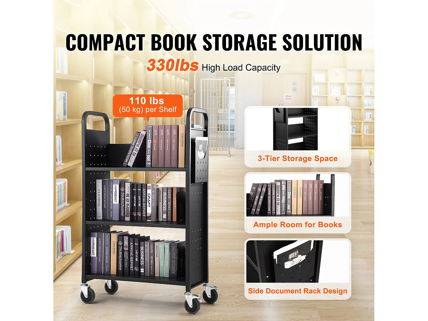 Chariot à Livres SucceBuy, Capacité de 150kg, Étagères en L à Un Seul Côté, Roues Verrouillables de 10cm, Idéal pour la Maison, le Bureau et l'École, Noir