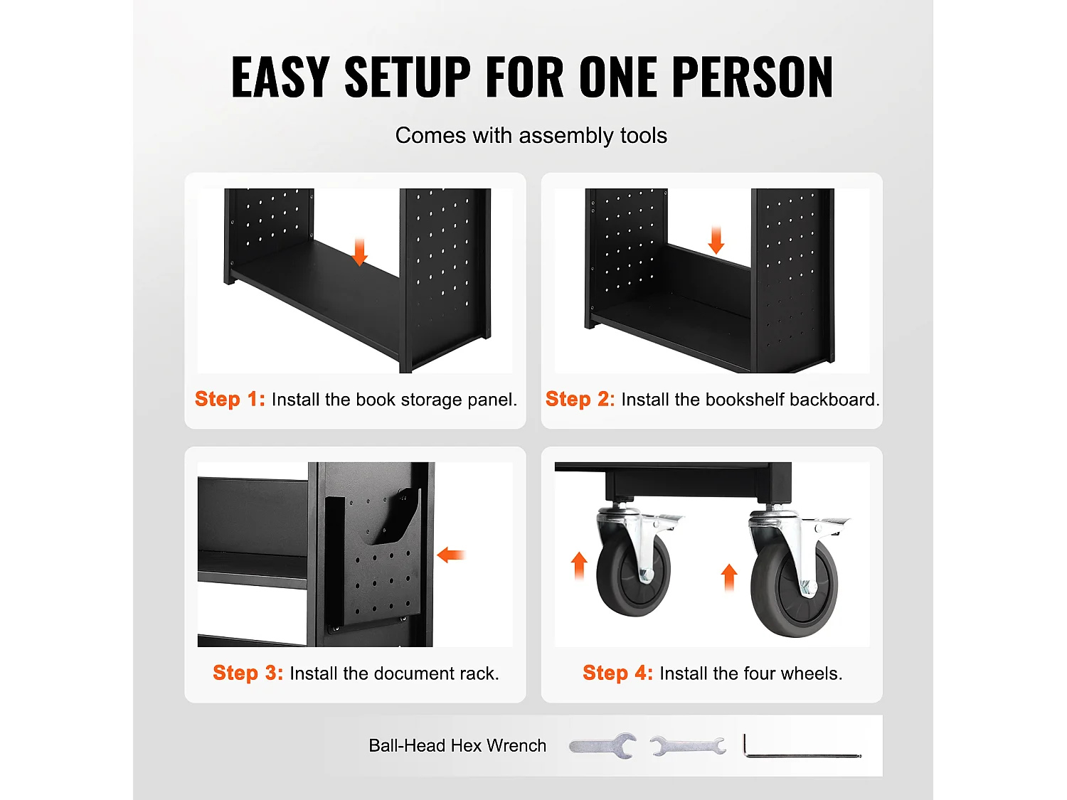 Chariot à Livres SucceBuy, Capacité de 150kg, Étagères en L à Un Seul Côté, Roues Verrouillables de 10cm, Idéal pour la Maison, le Bureau et l'École, Noir