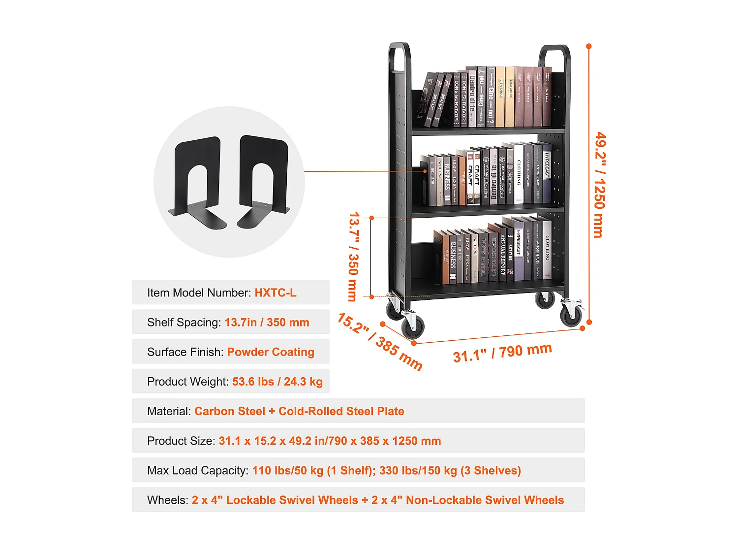 Chariot à Livres SucceBuy, Capacité de 150kg, Étagères en L à Un Seul Côté, Roues Verrouillables de 10cm, Idéal pour la Maison, le Bureau et l'École, Noir