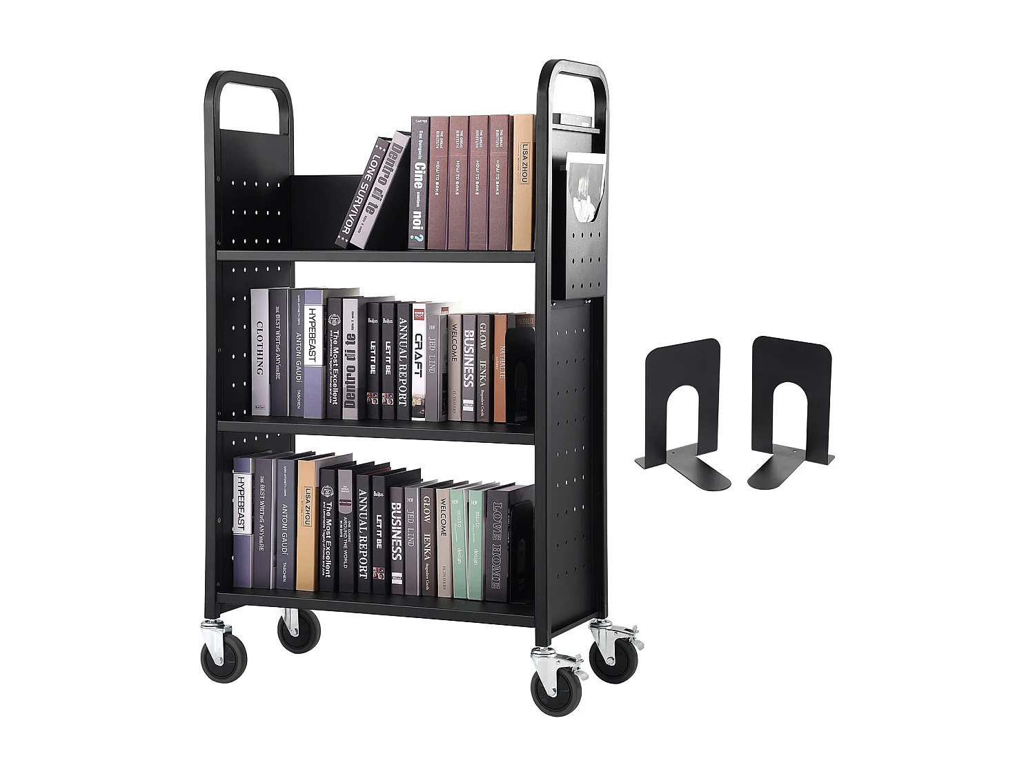 Chariot à Livres SucceBuy, Capacité de 150kg, Étagères en L à Un Seul Côté, Roues Verrouillables de 10cm, Idéal pour la Maison, le Bureau et l'École, Noir