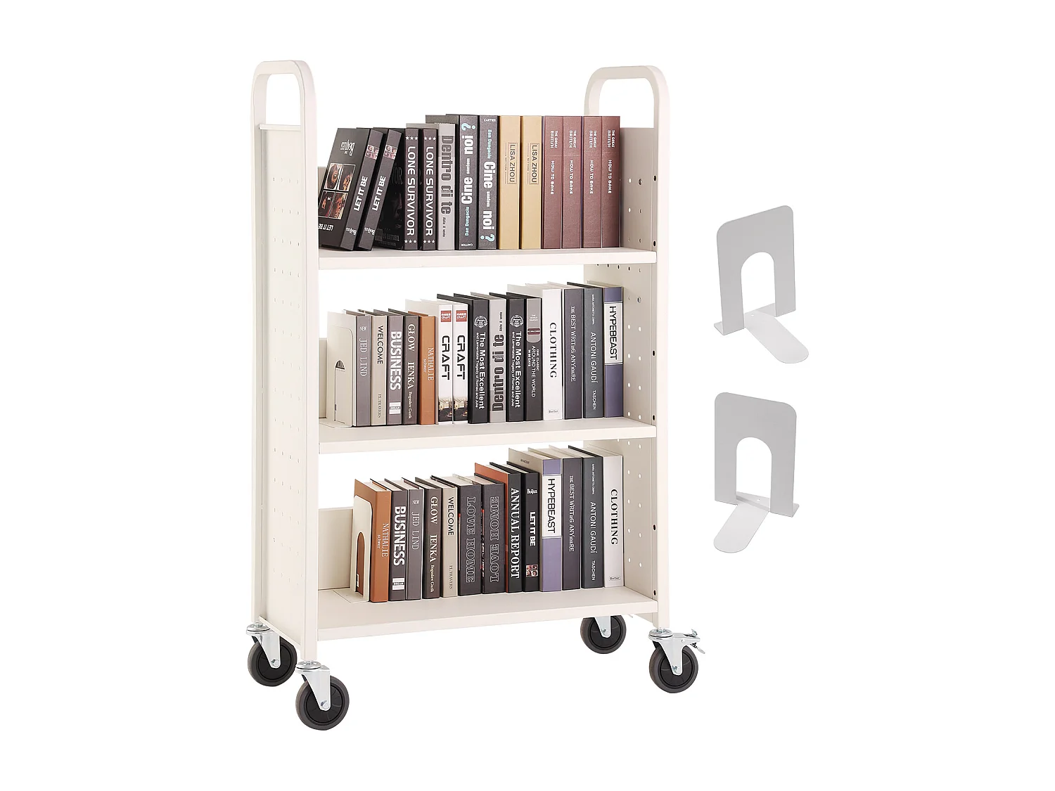 Bücherwagen SucceBuy, Tragfähigkeit von 150kg, L-Regale, Bibliothekswagen für Zuhause und Büro, Weiß