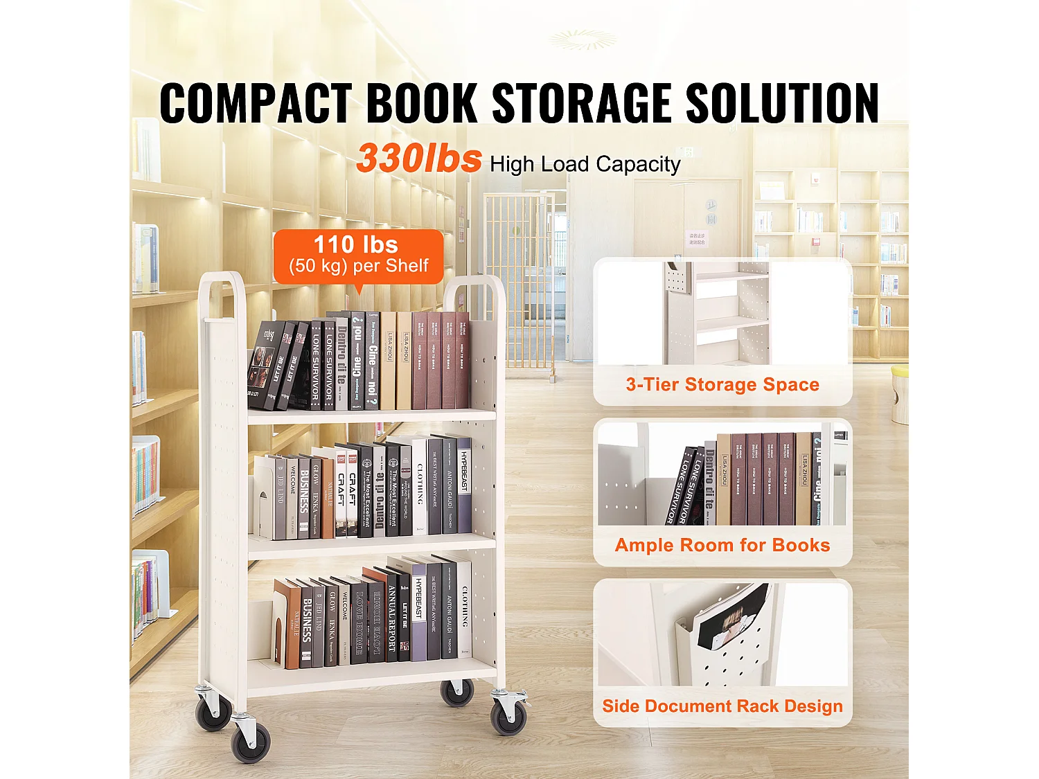 Bücherwagen SucceBuy, Tragfähigkeit von 150kg, L-Regale, Bibliothekswagen für Zuhause und Büro, Weiß