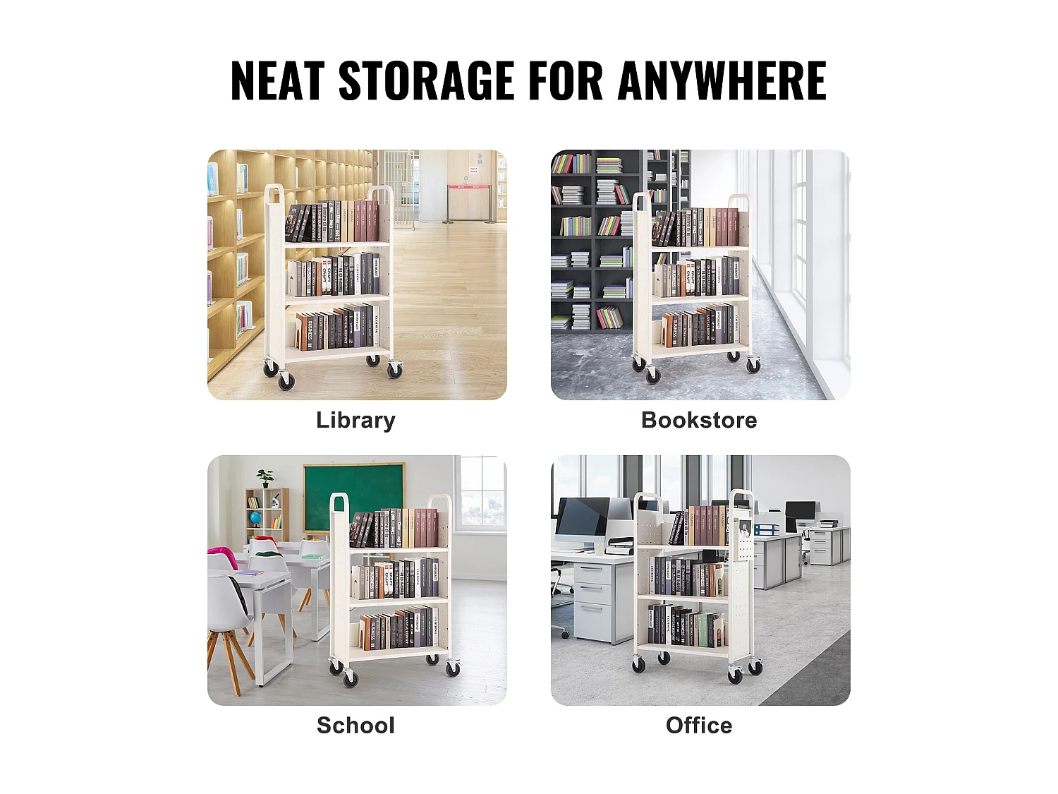 Bücherwagen SucceBuy, Tragfähigkeit von 150kg, L-Regale, Bibliothekswagen für Zuhause und Büro, Weiß