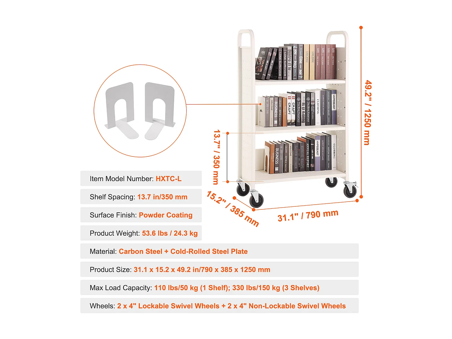 Bücherwagen SucceBuy, Tragfähigkeit von 150kg, L-Regale, Bibliothekswagen für Zuhause und Büro, Weiß