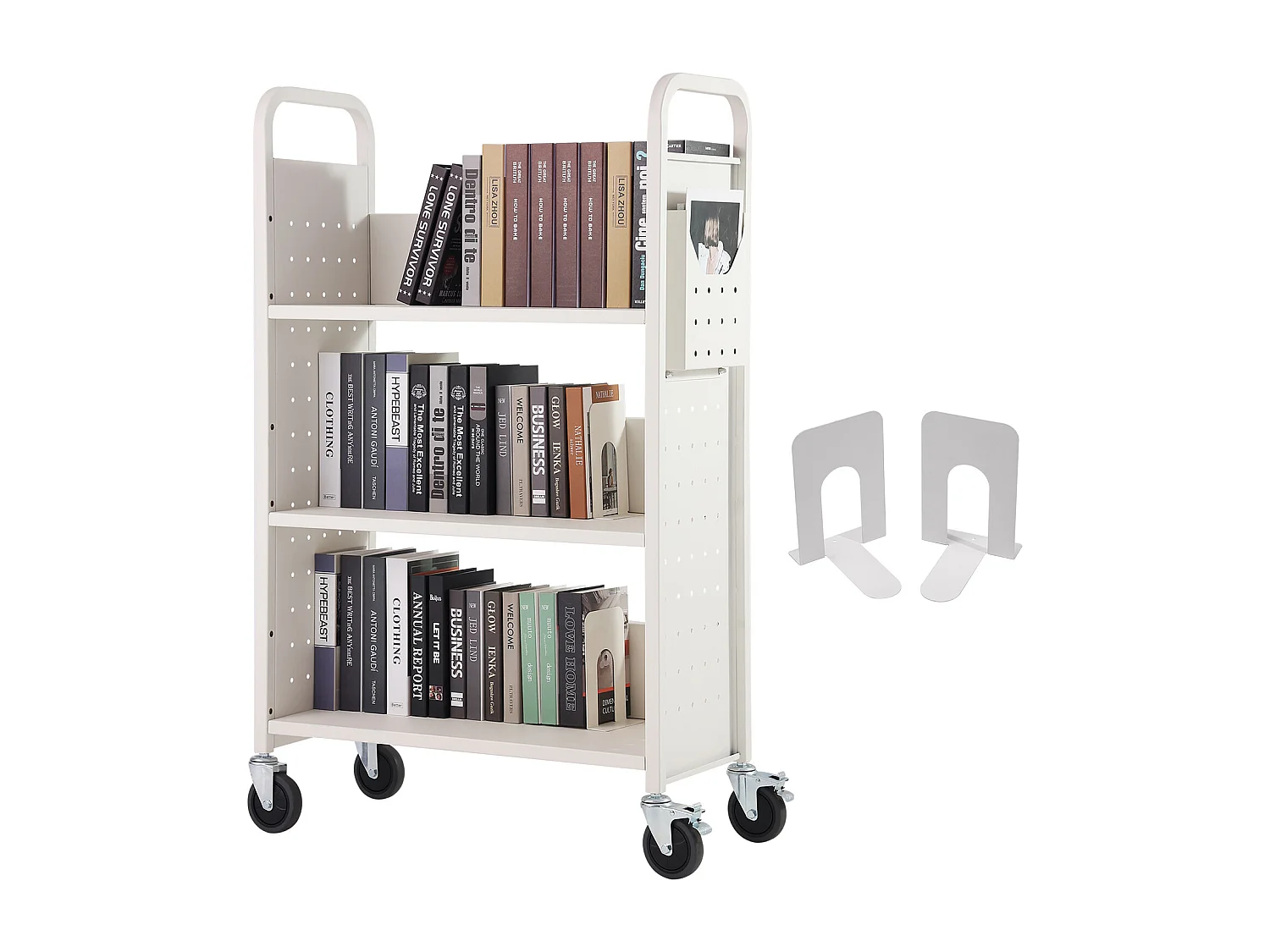 Bücherwagen SucceBuy, Tragfähigkeit von 150kg, L-Regale, Bibliothekswagen für Zuhause und Büro, Weiß