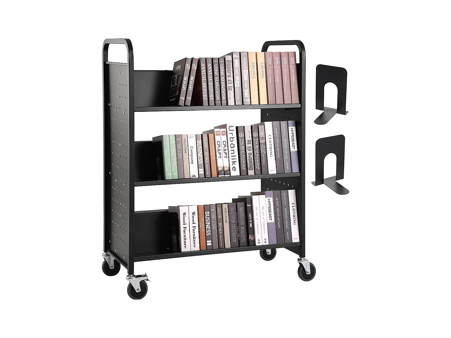Carrinho SucceBuy para Livros de Uma Capacidade de 150 kg, Rolante com Rodas Bloqueáveis, Prateleiras Dupla Face em Forma de W, para Casa, o Escritório