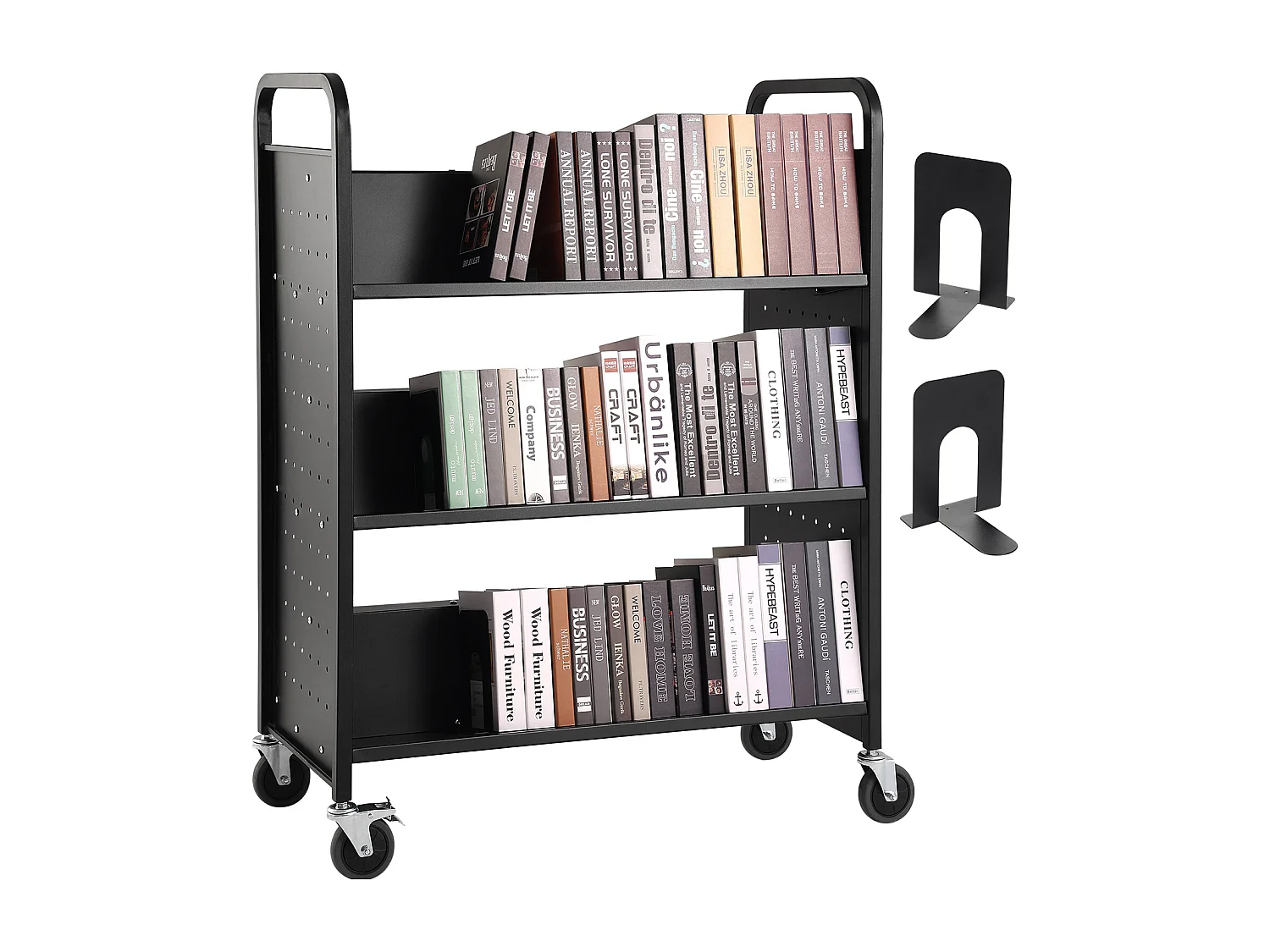 Chariot à Livres SucceBuy d'Une Capacité de 150 kg, Roulant avec Roulettes Verrouillables, Étagères Double Face en Forme de W, Pour la Maison, le Bureau