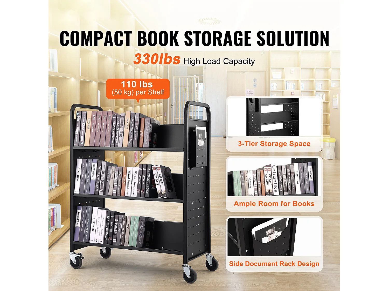 Chariot à Livres SucceBuy d'Une Capacité de 150 kg, Roulant avec Roulettes Verrouillables, Étagères Double Face en Forme de W, Pour la Maison, le Bureau