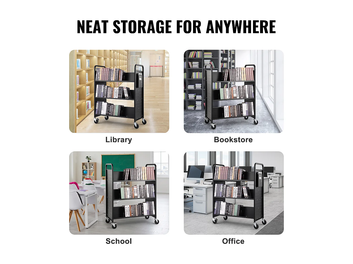 Chariot à Livres SucceBuy d'Une Capacité de 150 kg, Roulant avec Roulettes Verrouillables, Étagères Double Face en Forme de W, Pour la Maison, le Bureau