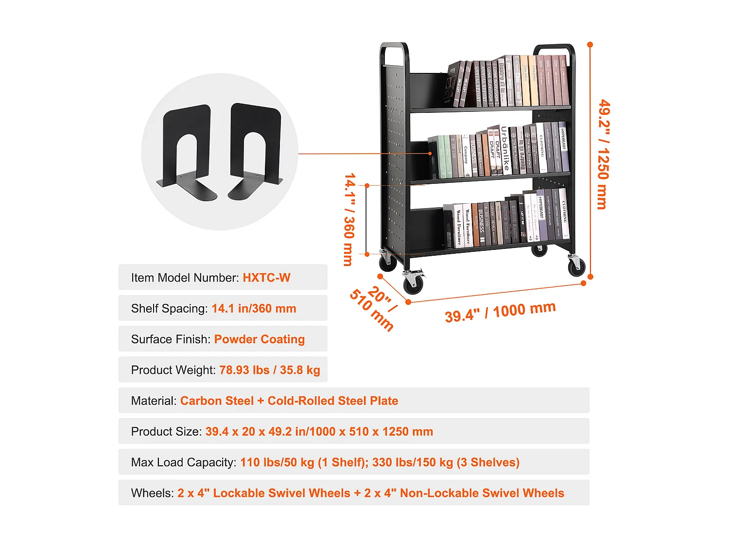 Chariot à Livres SucceBuy d'Une Capacité de 150 kg, Roulant avec Roulettes Verrouillables, Étagères Double Face en Forme de W, Pour la Maison, le Bureau