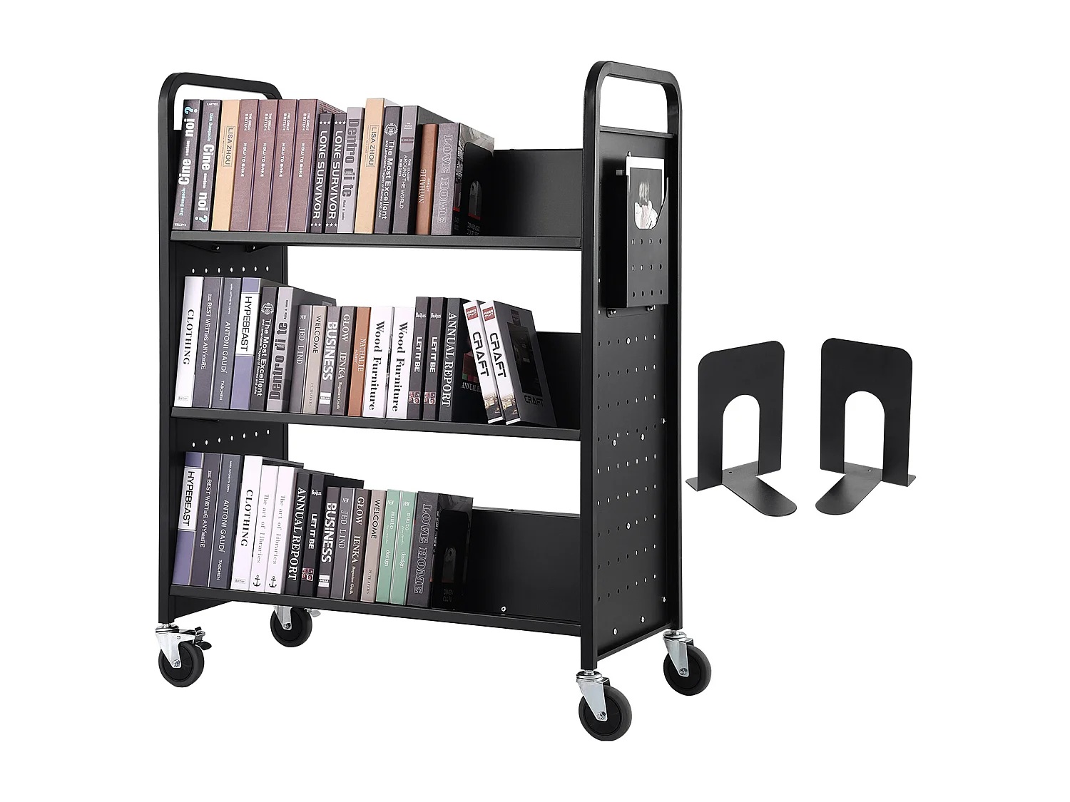 Chariot à Livres SucceBuy d'Une Capacité de 150 kg, Roulant avec Roulettes Verrouillables, Étagères Double Face en Forme de W, Pour la Maison, le Bureau