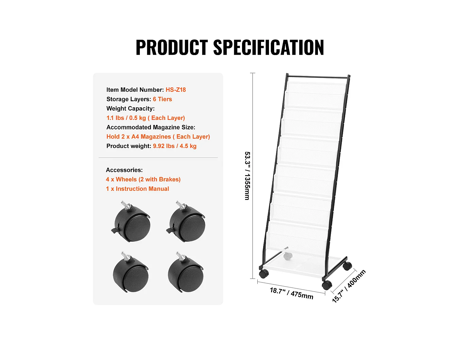 Porte-Brochures SucceBuy, à 6 Niveaux, Présentoir de Magazines à 4 Roues pour le Bureau