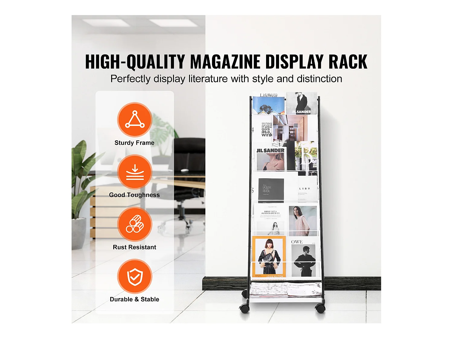 Porte-Brochures SucceBuy, à 6 Niveaux, Présentoir de Magazines à 4 Roues pour le Bureau