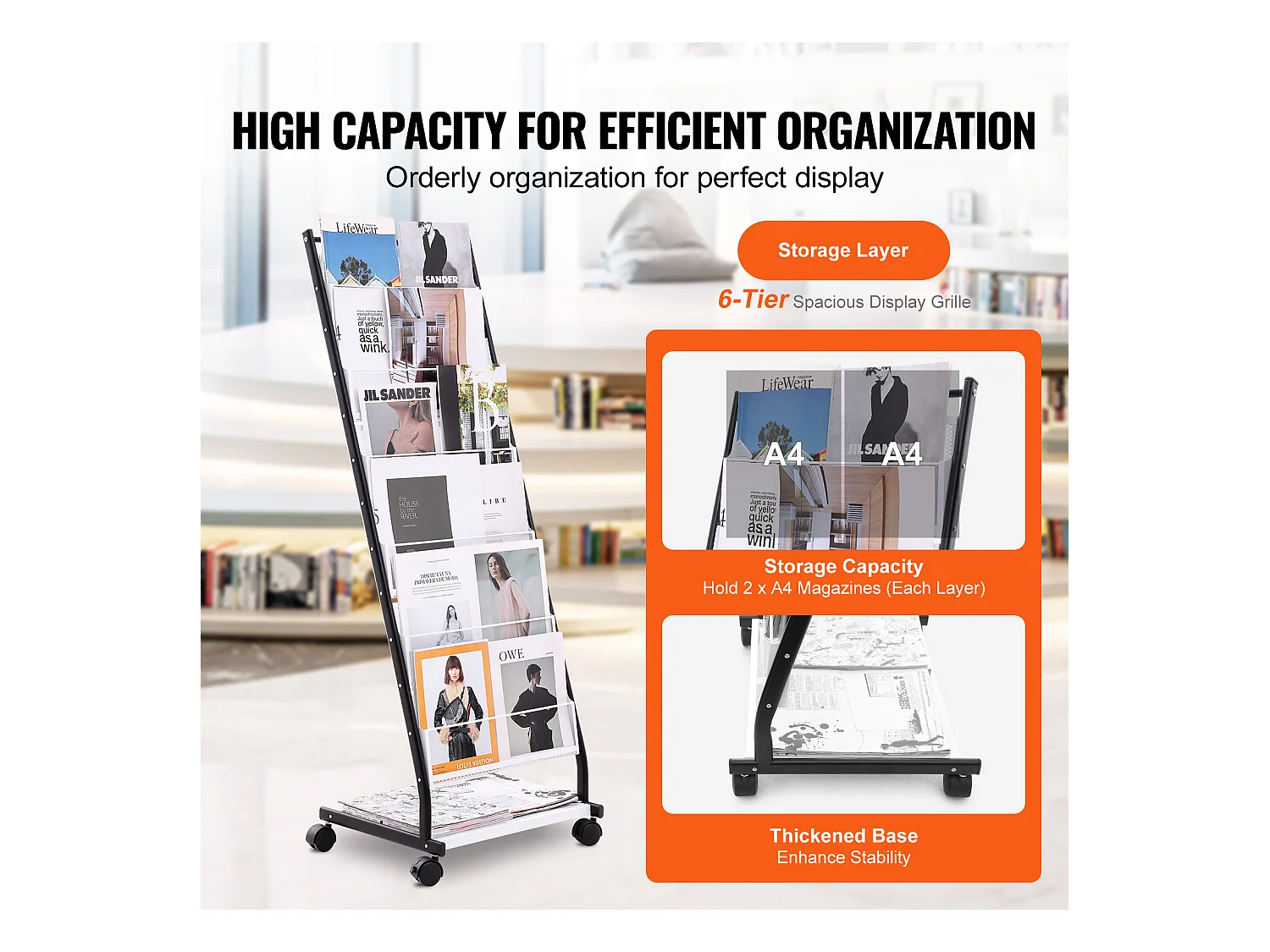 Porte-Brochures SucceBuy, à 6 Niveaux, Présentoir de Magazines à 4 Roues pour le Bureau