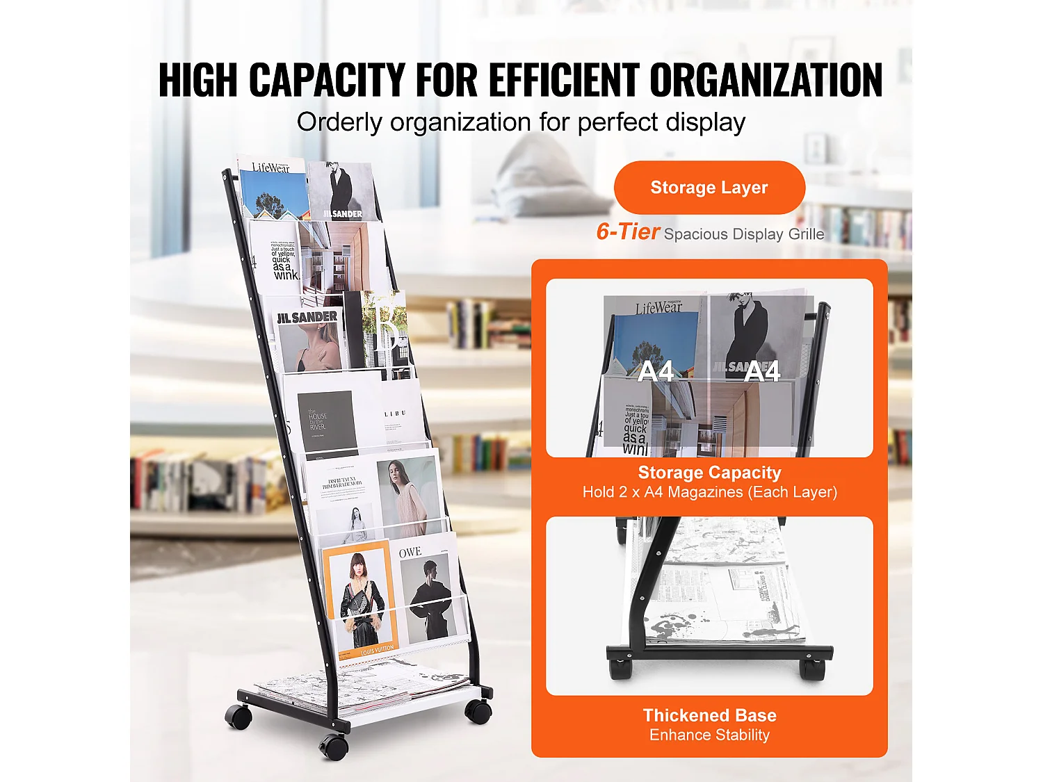 Portafogli SucceBuy, a 6 Livelli, Espositore di Riviste con 4 Rotelle per l'Ufficio