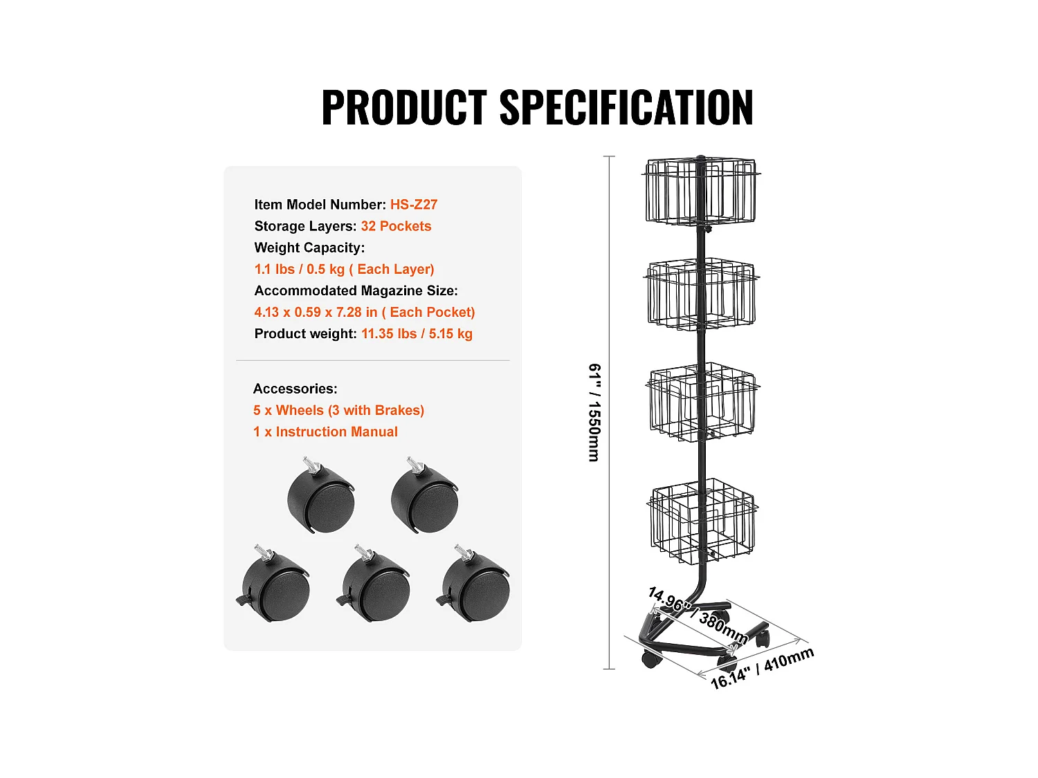 Porte-Brochures SucceBuy, 32 Poches, Support de Documentation Rotatif avec 5 Roulettes