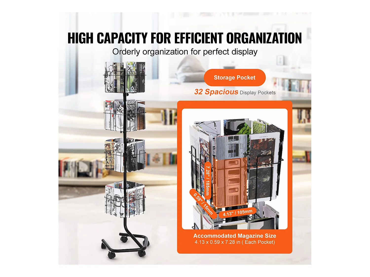 Porte-Brochures SucceBuy, 32 Poches, Support de Documentation Rotatif avec 5 Roulettes