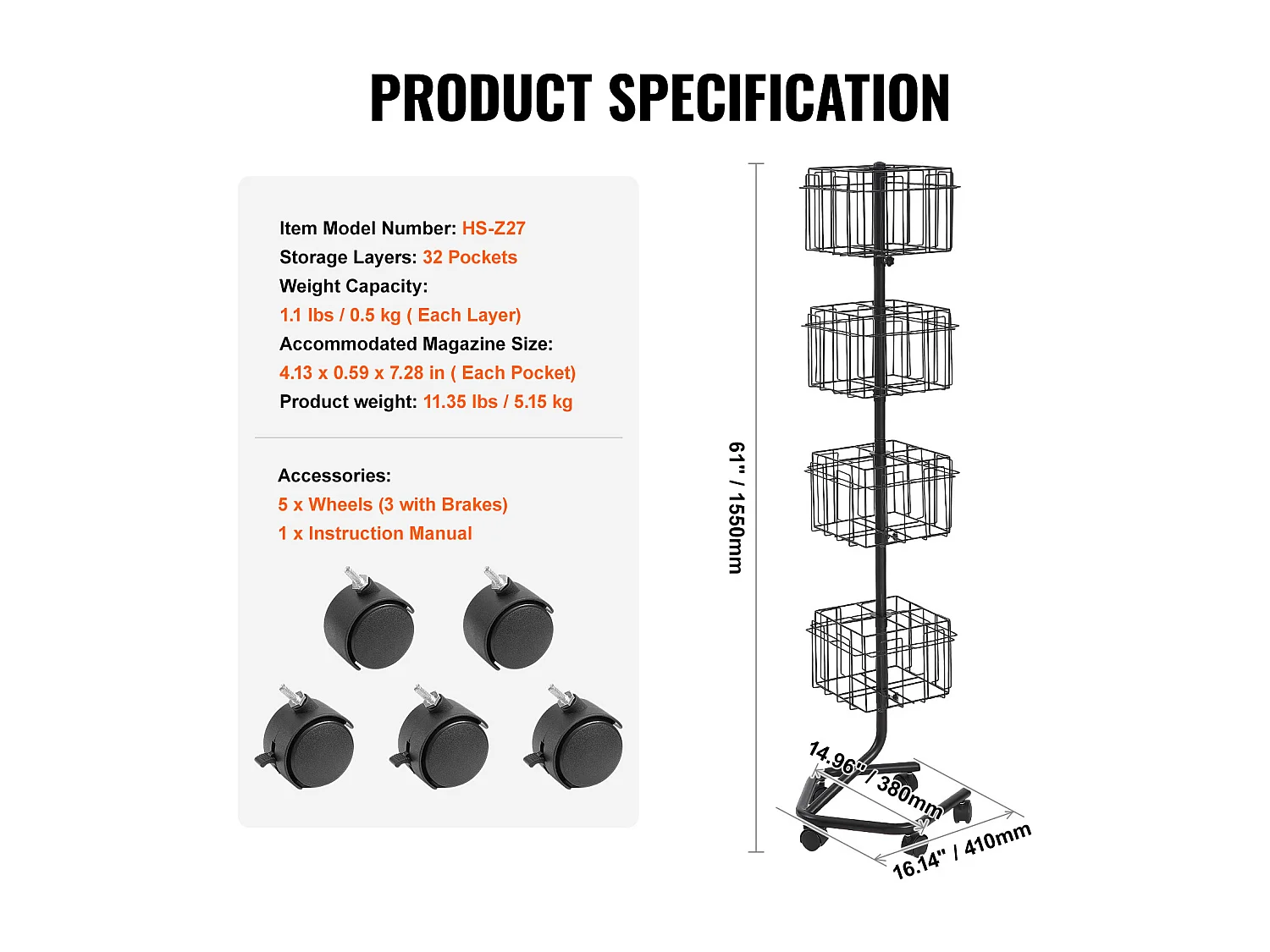 Porte-Brochures SucceBuy, 32 Poches, Support de Documentation Rotatif avec 5 Roulettes
