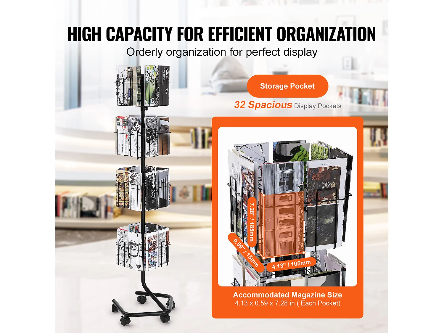 Porte-Brochures SucceBuy, 32 Poches, Support de Documentation Rotatif avec 5 Roulettes