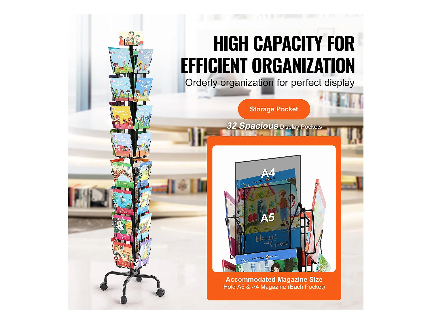 Présentoir de Cartes SucceBuy, Vœux à 32 Poches, Support Rotatif pour Cartes Postales avec 4 Roues