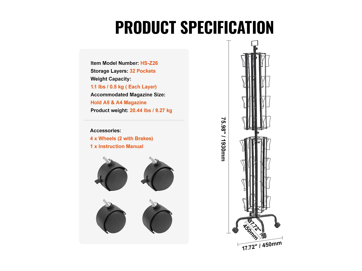 Présentoir de Cartes SucceBuy, Vœux à 32 Poches, Support Rotatif pour Cartes Postales avec 4 Roues