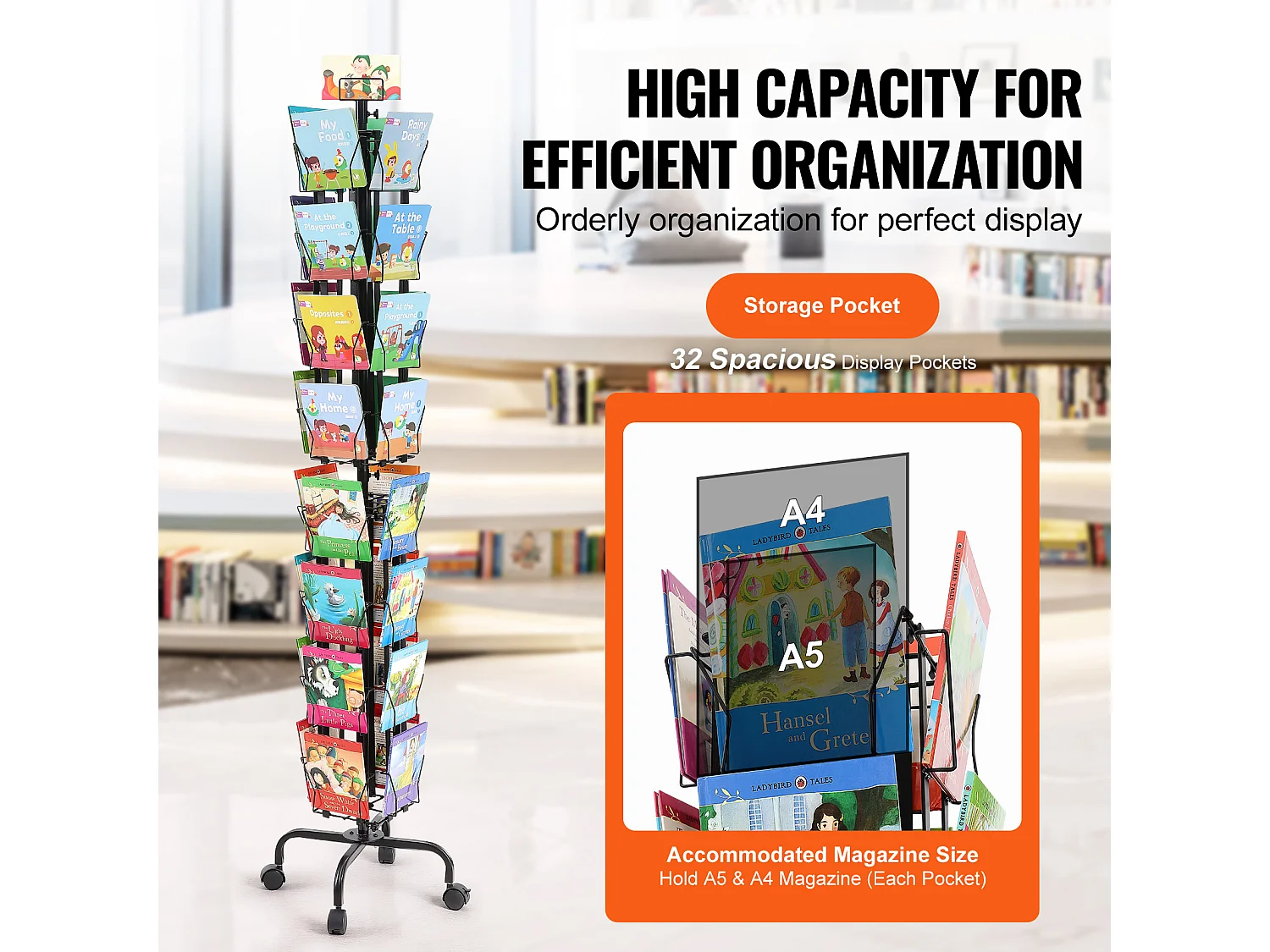 Présentoir de Cartes SucceBuy, Vœux à 32 Poches, Support Rotatif pour Cartes Postales avec 4 Roues