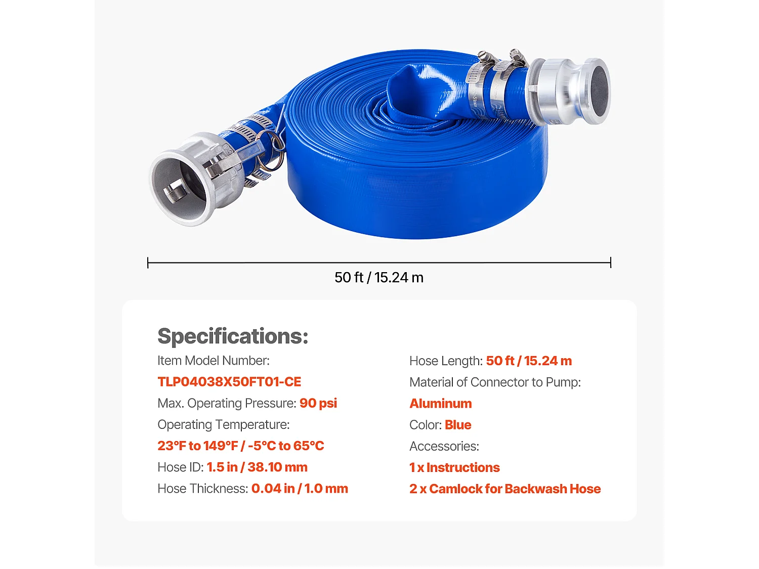 Slang SucceBuy voor Terugspoeling 4cm x 1524cm blauw met Complete Aansluitingen, Ontworpen voor Waterfilters en Zwembadonderhoud