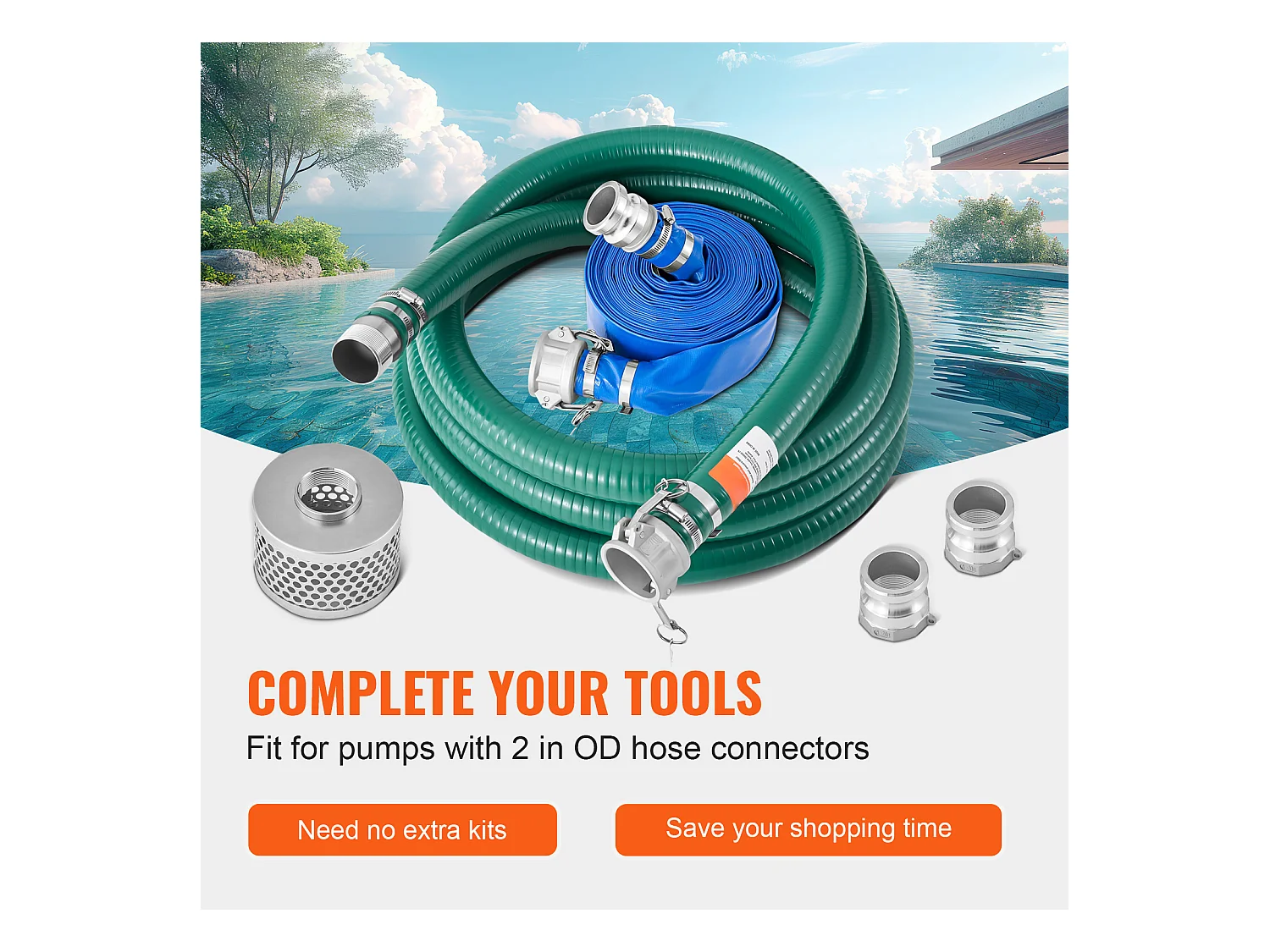 Kit de Tuyau SucceBuy d'Aspiration pour Pompe à Eau 5cm x 610cm vert/1981cm bleu, Idéal pour Systèmes d'Irrigation et Usage Agricole ou Industriel