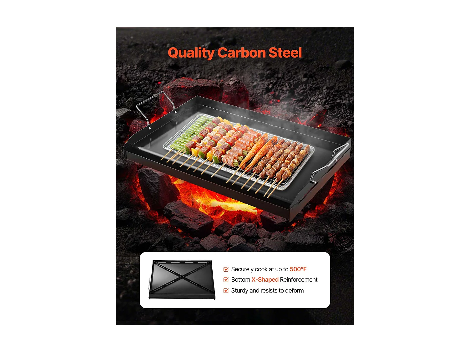 Plaque de Grill, SucceBuy Plaque de Cuisson en Acier au Carbone, 60.5 x 36 cm, Ustensile de Cuisine Portable à Gaz avec Poignée, Idéale pour Camping, Noire