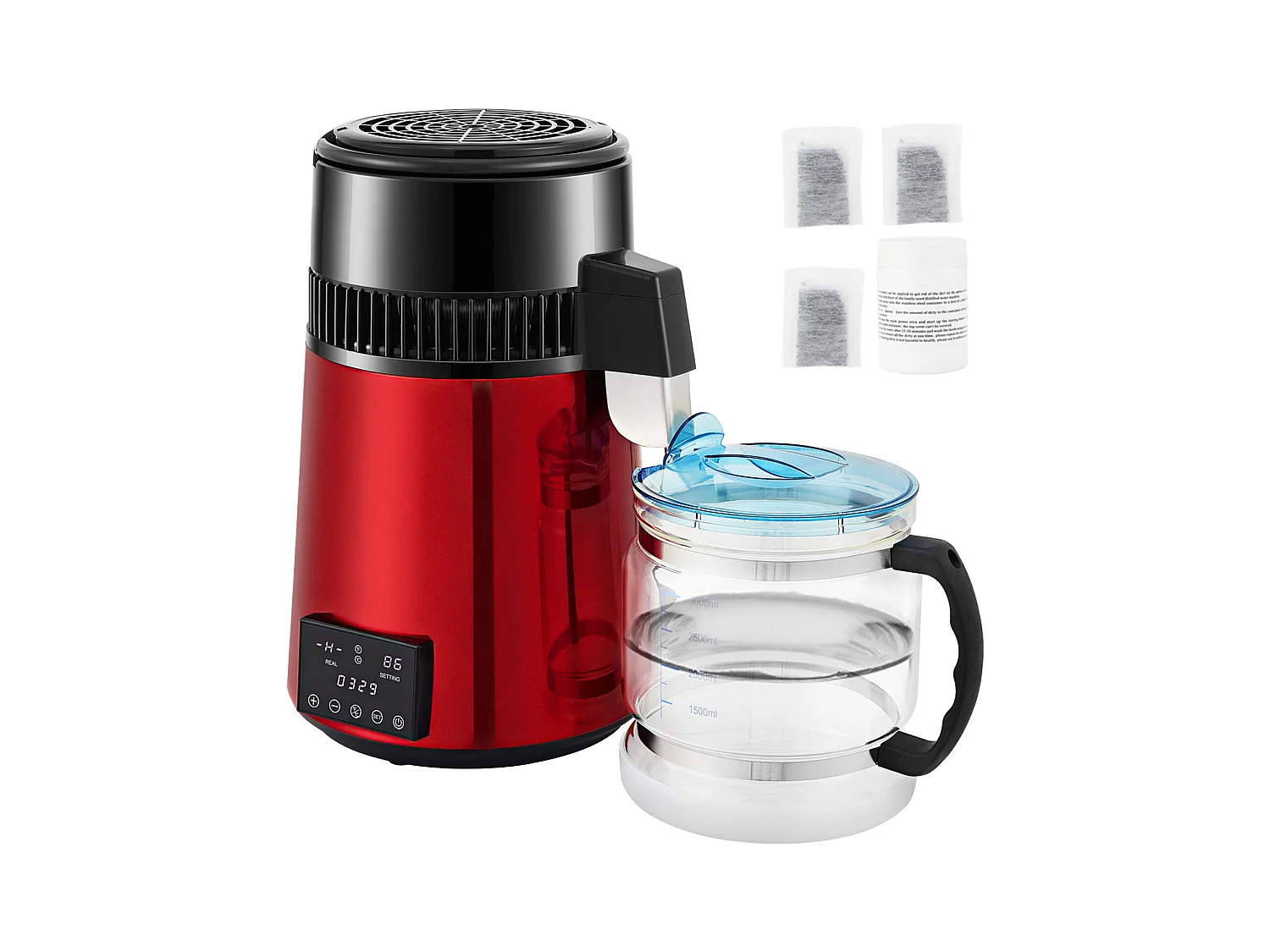 Machine a Eau Distillee SucceBuy, 4L 1 L/H avec Minuterie et Double Affichage de la Température, Rouge