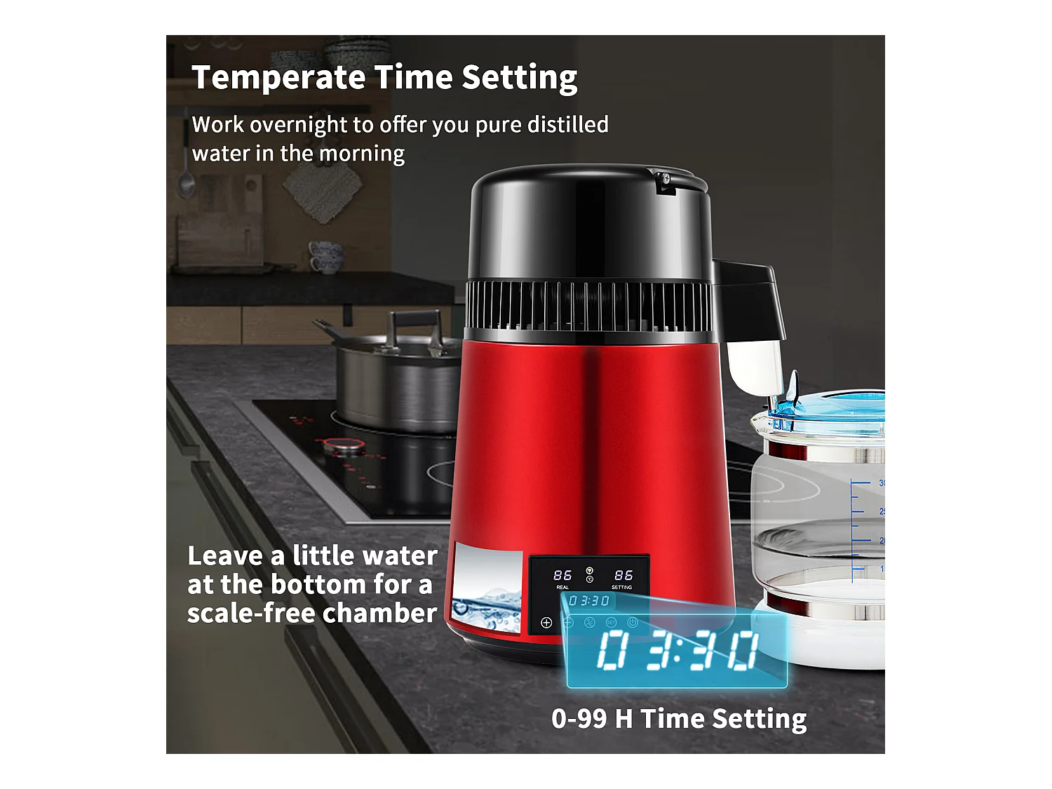 Machine a Eau Distillee SucceBuy, 4L 1 L/H avec Minuterie et Double Affichage de la Température, Rouge
