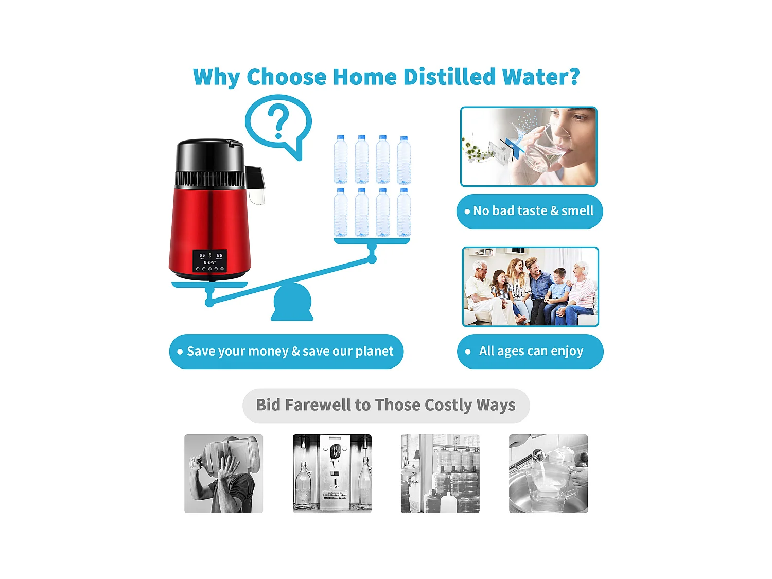 Machine a Eau Distillee SucceBuy, 4L 1 L/H avec Minuterie et Double Affichage de la Température, Rouge