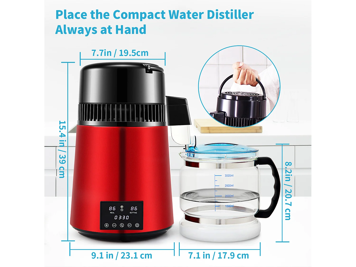 Machine a Eau Distillee SucceBuy, 4L 1 L/H avec Minuterie et Double Affichage de la Température, Rouge