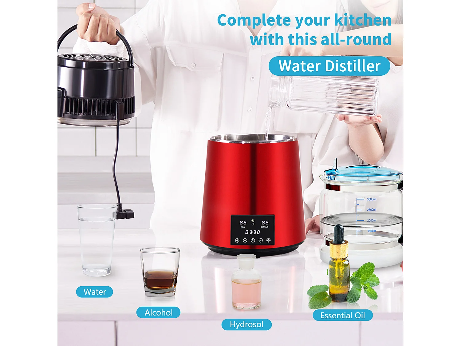 Machine a Eau Distillee SucceBuy, 4L 1 L/H avec Minuterie et Double Affichage de la Température, Rouge