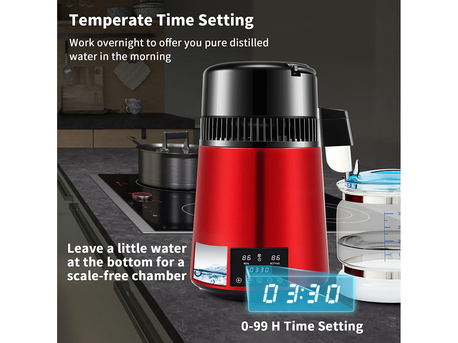 Machine a Eau Distillee SucceBuy, 4L 1 L/H avec Minuterie et Double Affichage de la Température, Rouge