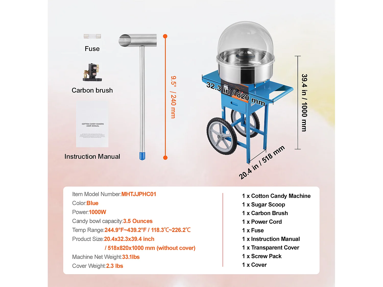 Machine à Barbe à Papa Commerciale SucceBuy, Machine à Barbe à Papa avec Chariot, Bleue