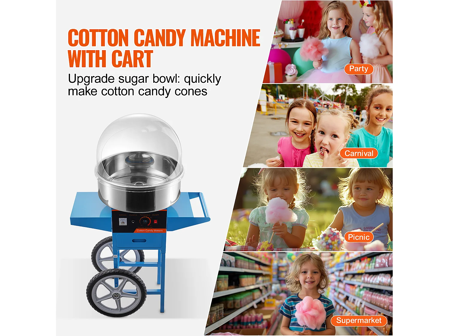 Machine à Barbe à Papa Commerciale SucceBuy, Machine à Barbe à Papa avec Chariot, Bleue