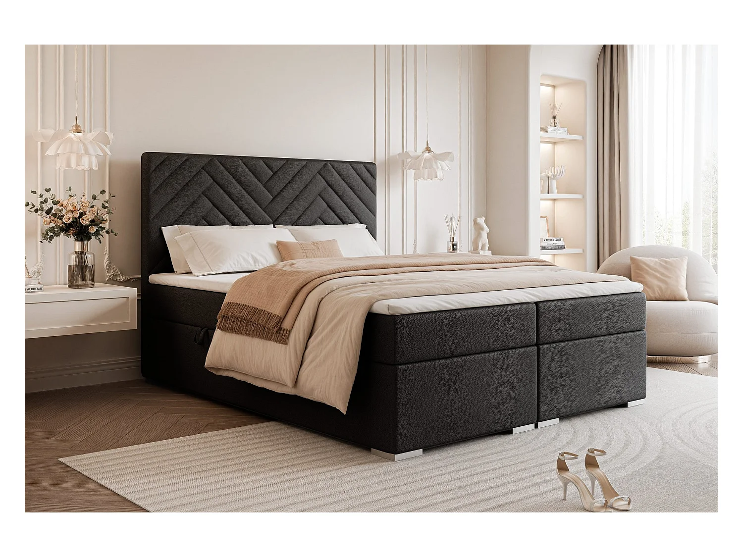 Lit continental rembourré avec surmatelas, noir  - 180x200 - NEREA