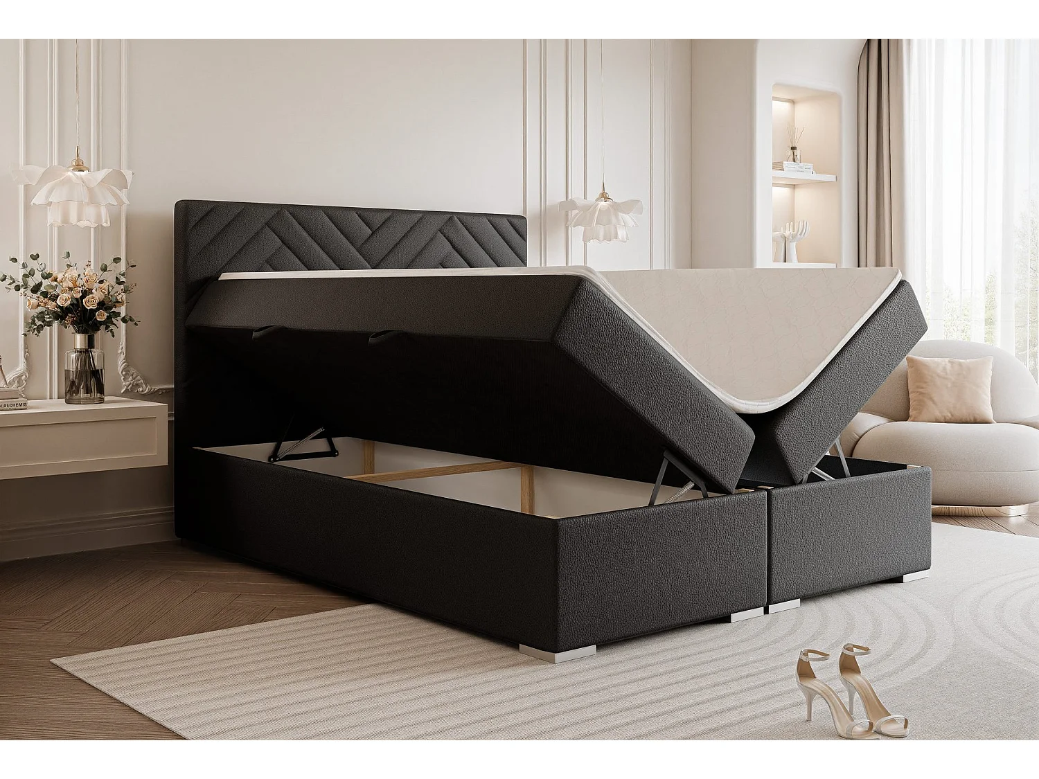 Lit continental rembourré avec surmatelas, noir  - 180x200 - NEREA