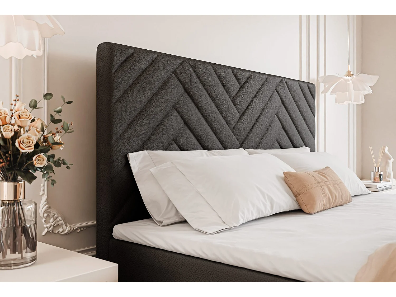 Lit continental rembourré avec surmatelas, noir  - 180x200 - NEREA