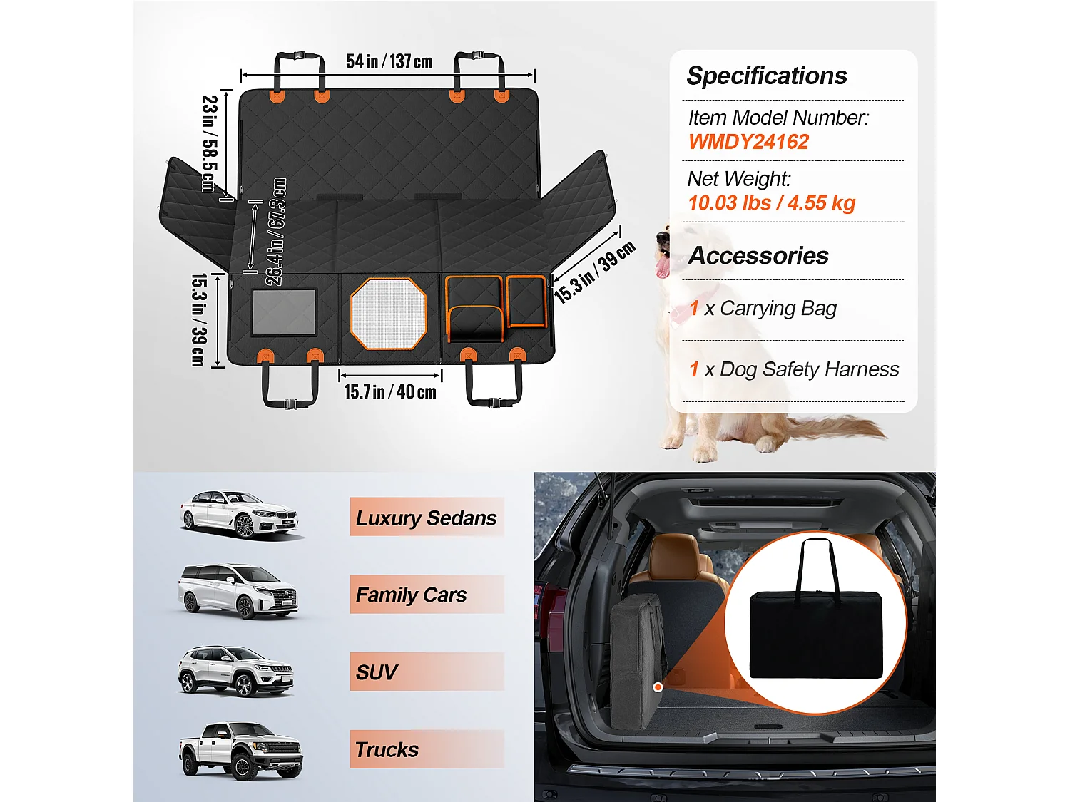 Housse de Siège de Voiture SucceBuy pour Chien, pour la Banquette Arrière, Taille 137 x67 cm, Imperméable et 600D pour SUV