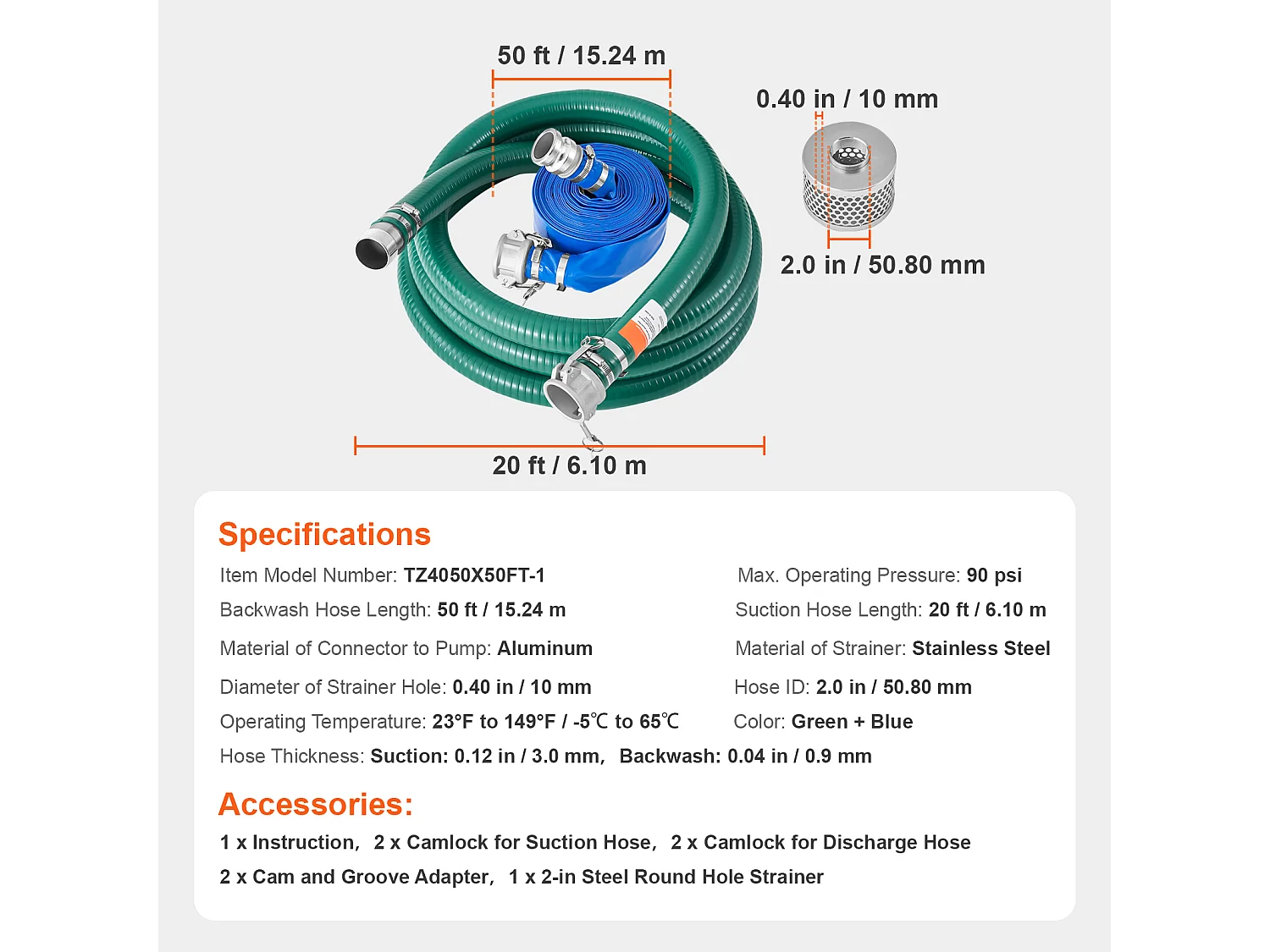 Kit de Tuyau SucceBuy d'Aspiration pour Pompe à Eau 5cm x 610cm/1524cm, Parfait pour Transfert d'Eau et Applications Domestiques ou Professionnelles