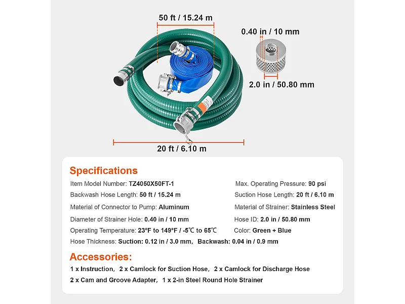 Kit de Tuyau SucceBuy d'Aspiration pour Pompe à Eau 5cm x 610cm/1524cm, Parfait pour Transfert d'Eau et Applications Domestiques ou Professionnelles