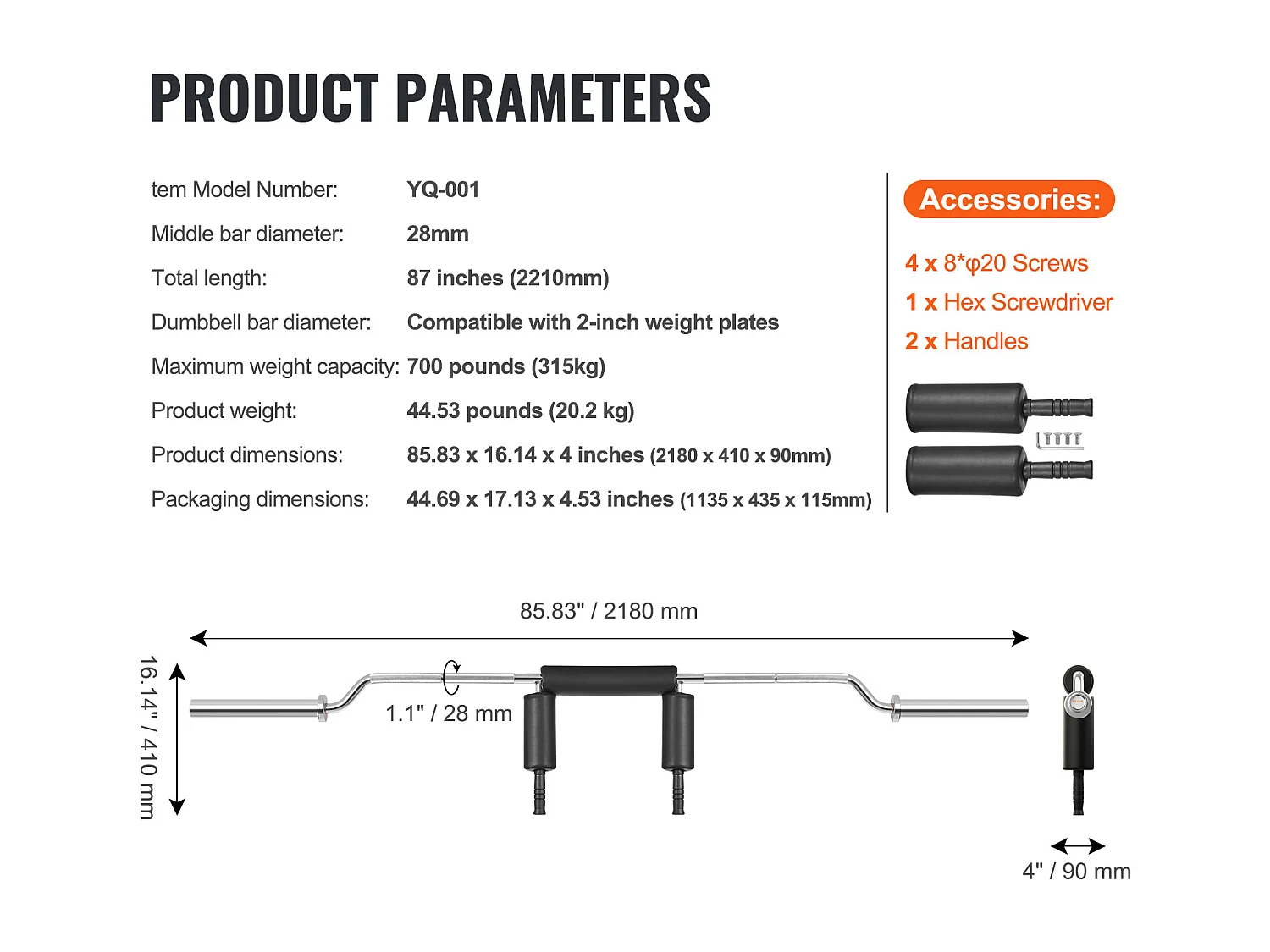 Barre d'Haltères de Sécurité SucceBuy pour l'Haltérophilie de Fitness, 218 cm