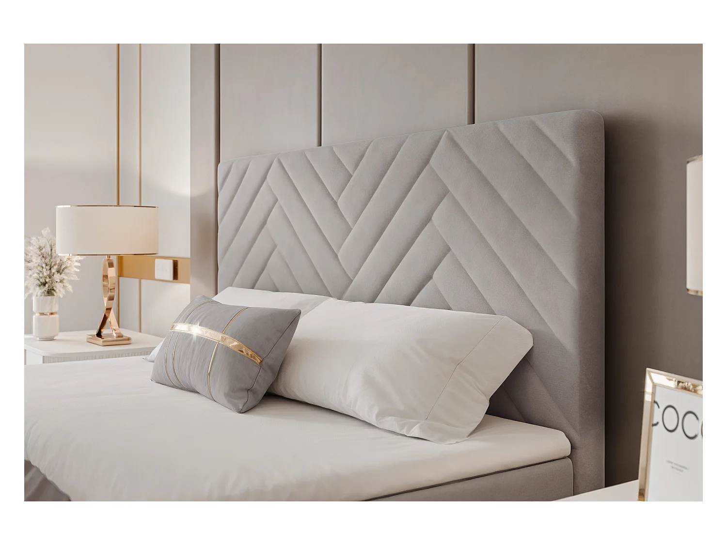 Lit continental rembourré avec surmatelas, gris clair - 120x200 - NEREA PLUS