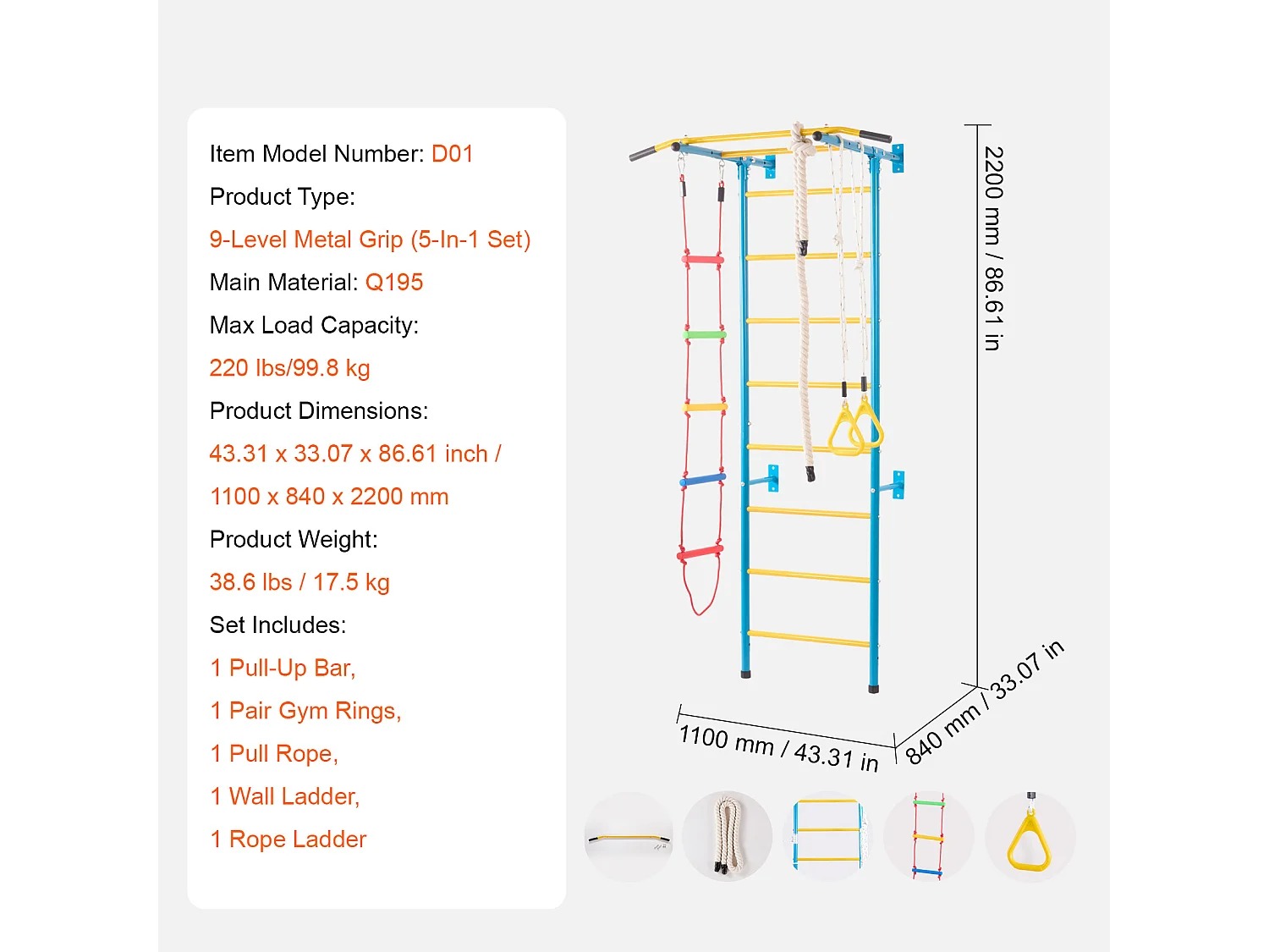 Échelle Murale SucceBuy 5 en 1 pour Enfants, Jouets d'Exercice et d'Escalade d'Intérieur en Acier
