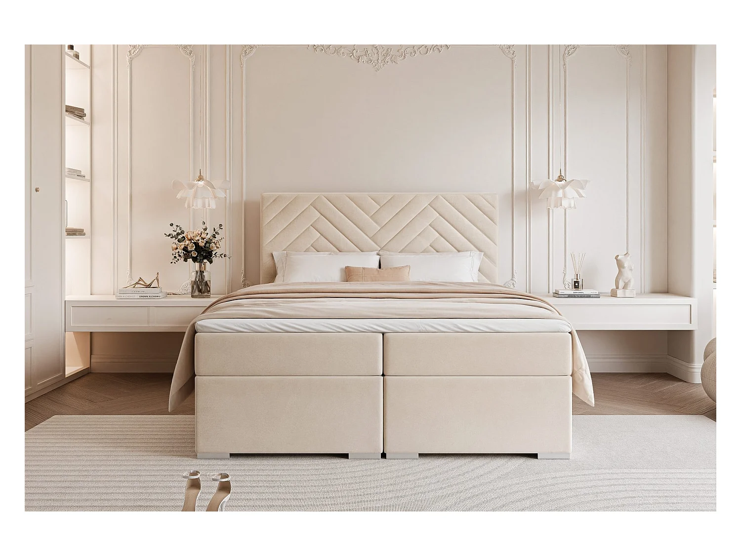 Lit continental rembourré avec surmatelas, beige - 180x200 - NEREA